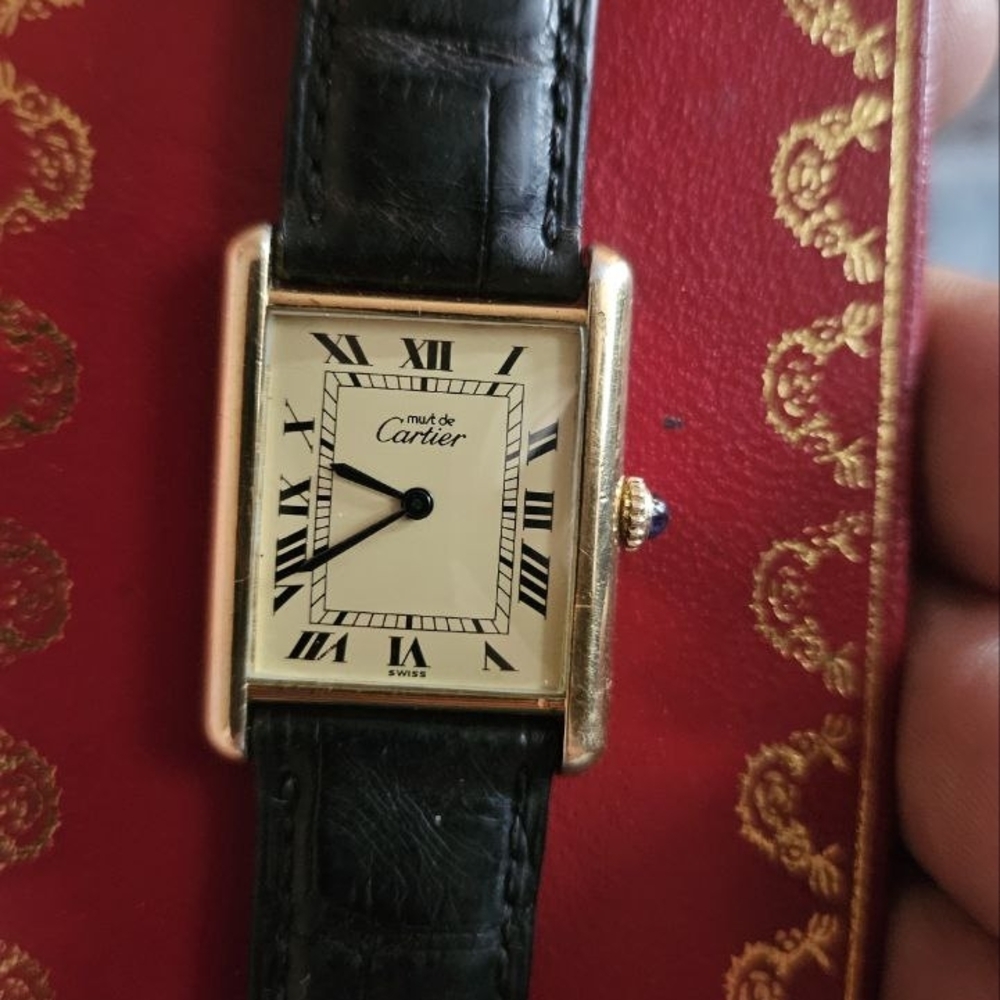 Must de Cartier Tank Watch in Gold with Black Leather Strap